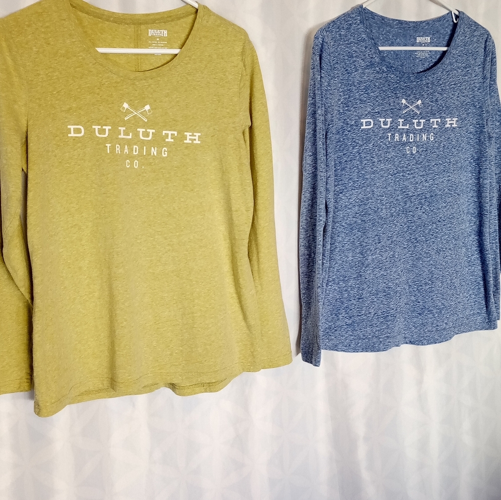 *SOLD****** Duluth Trading Logo Long sleeve Tees. 1 Chartreuse 1 blue. Med Size